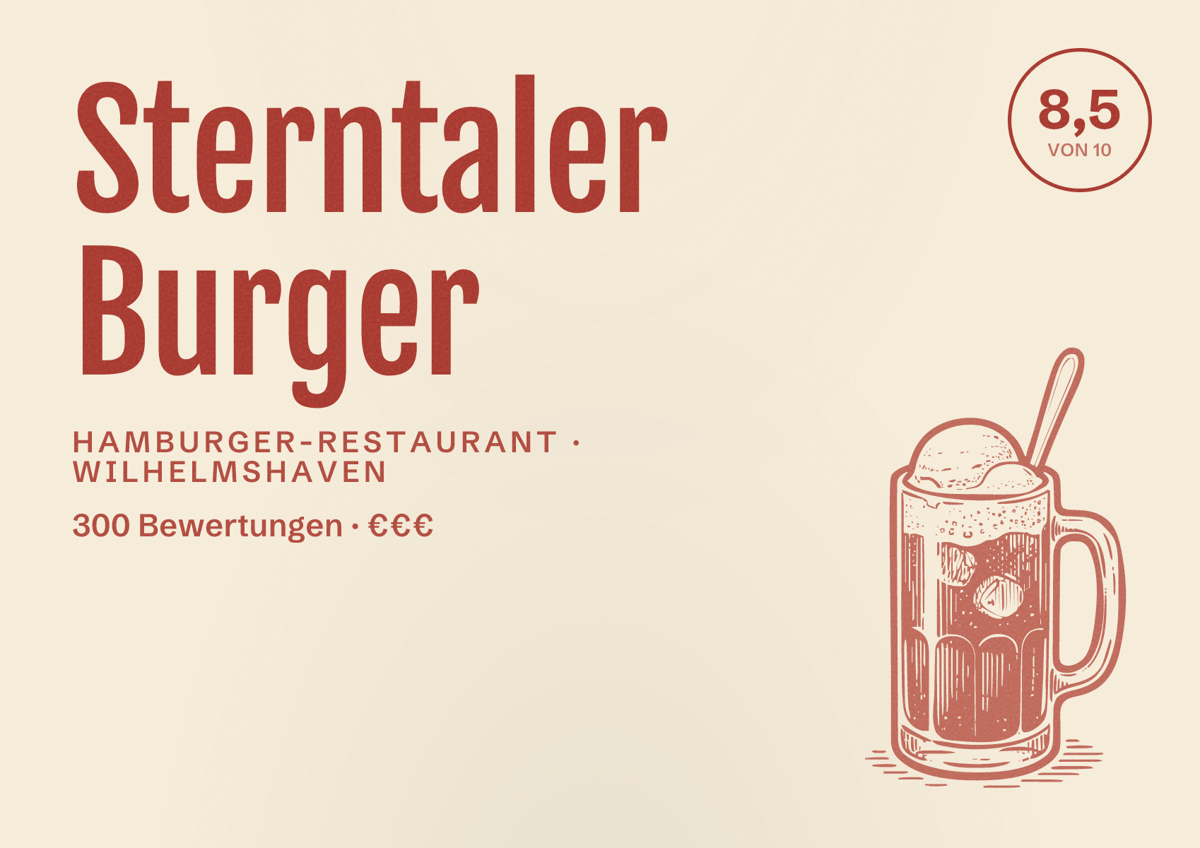 Illustriertes Poster von Sterntaler Burger, Hamburger-Restaurant in Wilhelmshaven: Bewertung 8,5 von 10 aus 300 Bewertungen, Preisniveau €€€