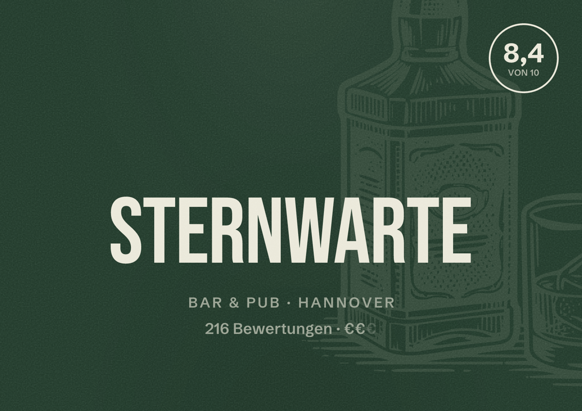Illustriertes Poster von Sternwarte, Bar & Pub in Hannover: Bewertung 8,4 von 10 aus 216 Bewertungen, Preisniveau €€