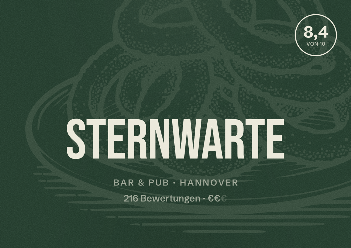 Illustriertes Poster von Sternwarte, Bar & Pub in Hannover: Gästebewertung 8,4 von 10 aus 216 Bewertungen