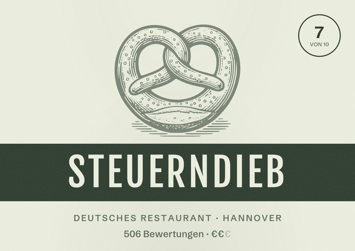 Illustriertes Poster von Steuerndieb, Deutsches Restaurant in Hannover: Bewertung 7 von 10 aus 506 Bewertungen, Preisniveau €€