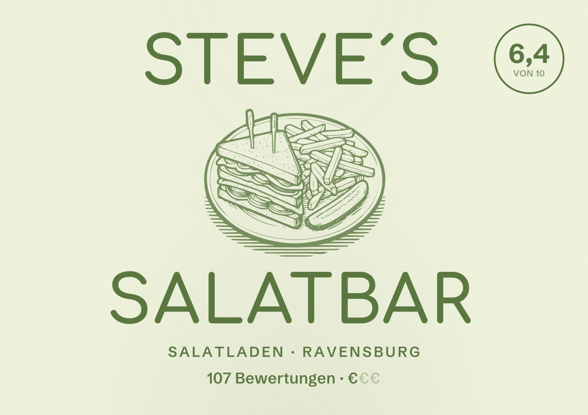 Illustriertes Poster von Steve´s Salatbar, Salatladen in Ravensburg: Bewertung 6,4 von 10 aus 107 Bewertungen, Preisniveau €
