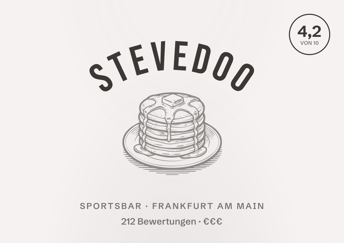 Illustriertes Poster von Stevedoo, Sportsbar in Frankfurt am Main: Bewertung 4,2 von 10 aus 212 Bewertungen, Preisniveau €€€