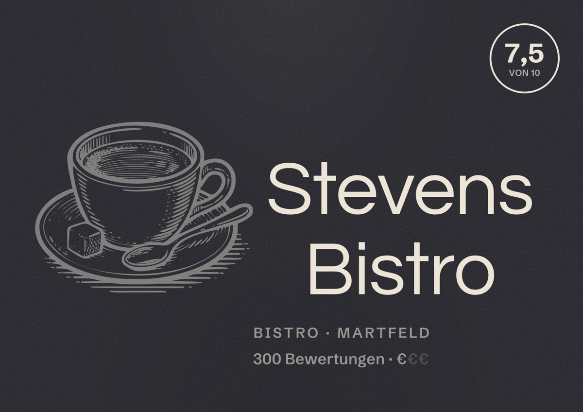 Illustriertes Poster von Stevens Bistro, Bistro in Martfeld: Bewertung 7,5 von 10 aus 300 Bewertungen, Preisniveau €