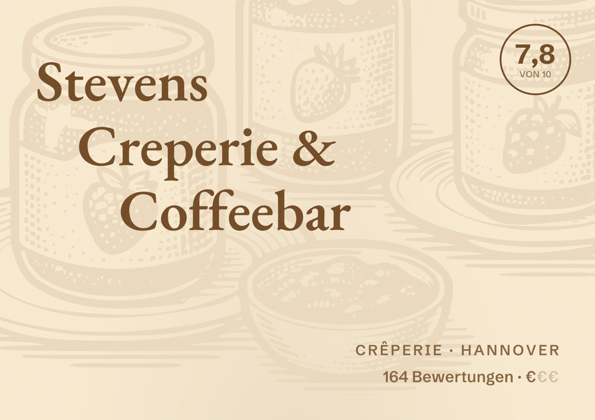Illustriertes Poster von Stevens Creperie & Coffeebar, Crêperie in Hannover: Bewertung 7,8 von 10 aus 164 Bewertungen, Preisniveau €