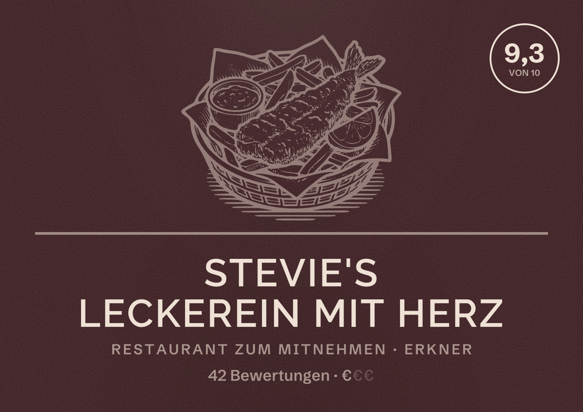 Illustriertes Poster von Stevie's Leckerein mit Herz, Restaurant zum Mitnehmen in Erkner: Bewertung 9,3 von 10 aus 42 Bewertungen, Preisniveau €