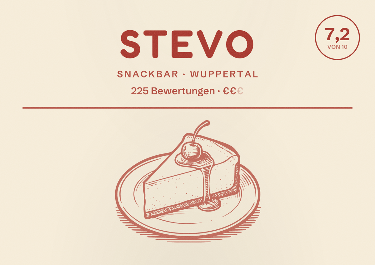 Illustriertes Poster von Stevo, Snackbar in Wuppertal: Bewertung 7,2 von 10 aus 225 Bewertungen, Preisniveau €€