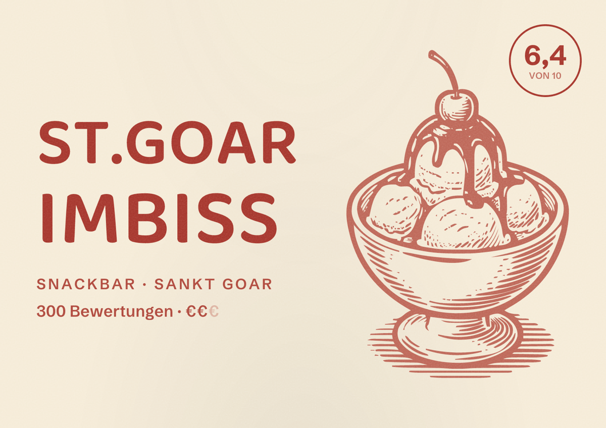 Illustriertes Poster von St.Goar Imbiss, Snackbar in Sankt Goar: Bewertung 6,4 von 10 aus 300 Bewertungen, Preisniveau €€