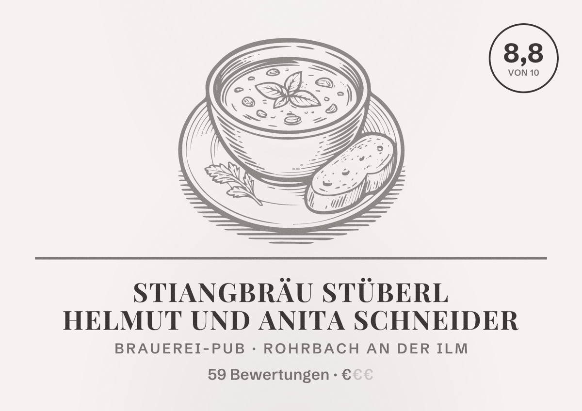 Illustriertes Poster von Stiangbräu stüberl Helmut und Anita Schneider, Brauerei-Pub in Rohrbach an der Ilm: Bewertung 8,8 von 10 aus 59 Bewertungen, Preisniveau €