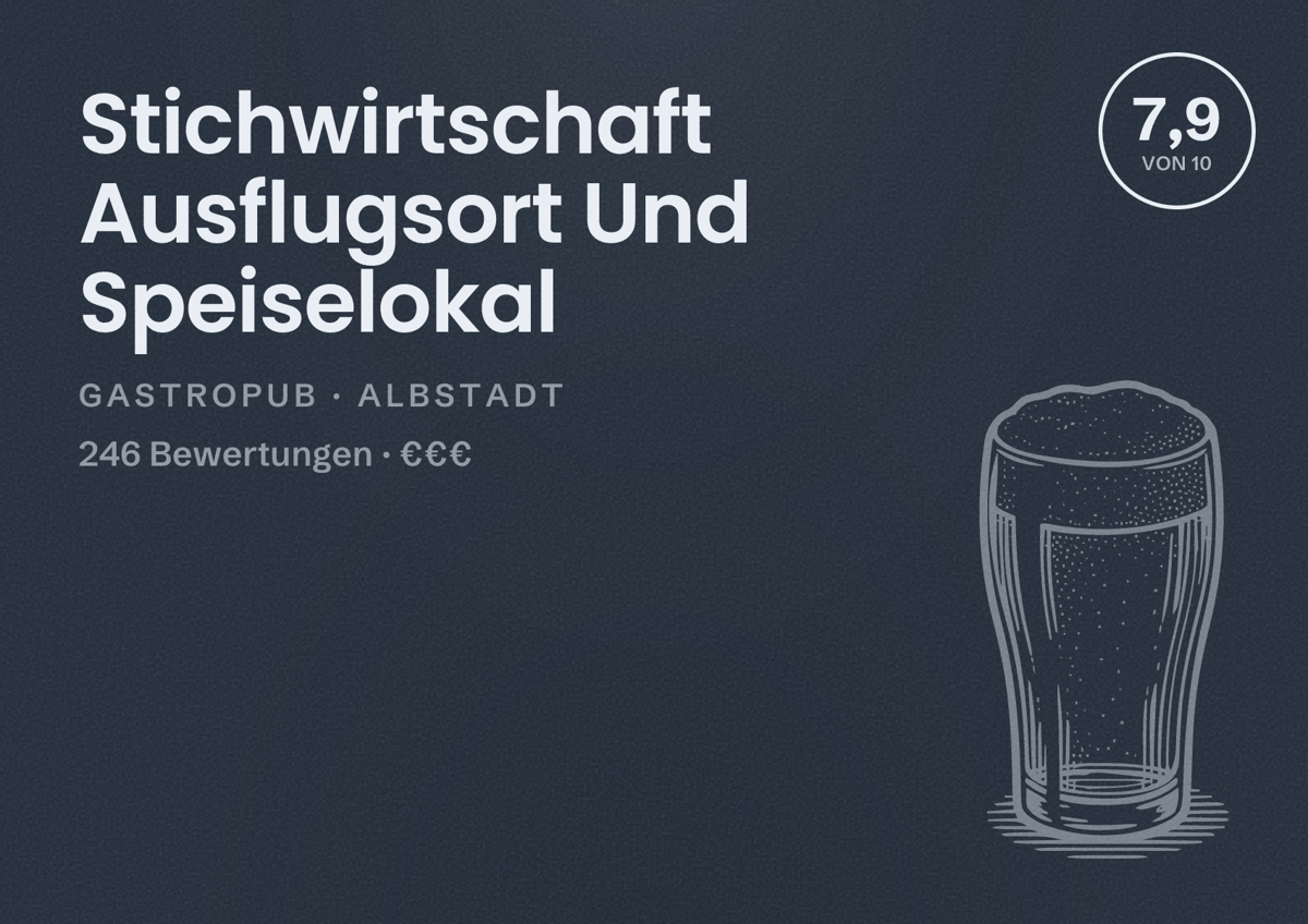 Illustriertes Poster von Stichwirtschaft Ausflugsort Und Speiselokal, Gastropub in Albstadt: Bewertung 7,9 von 10 aus 246 Bewertungen, Preisniveau €€€