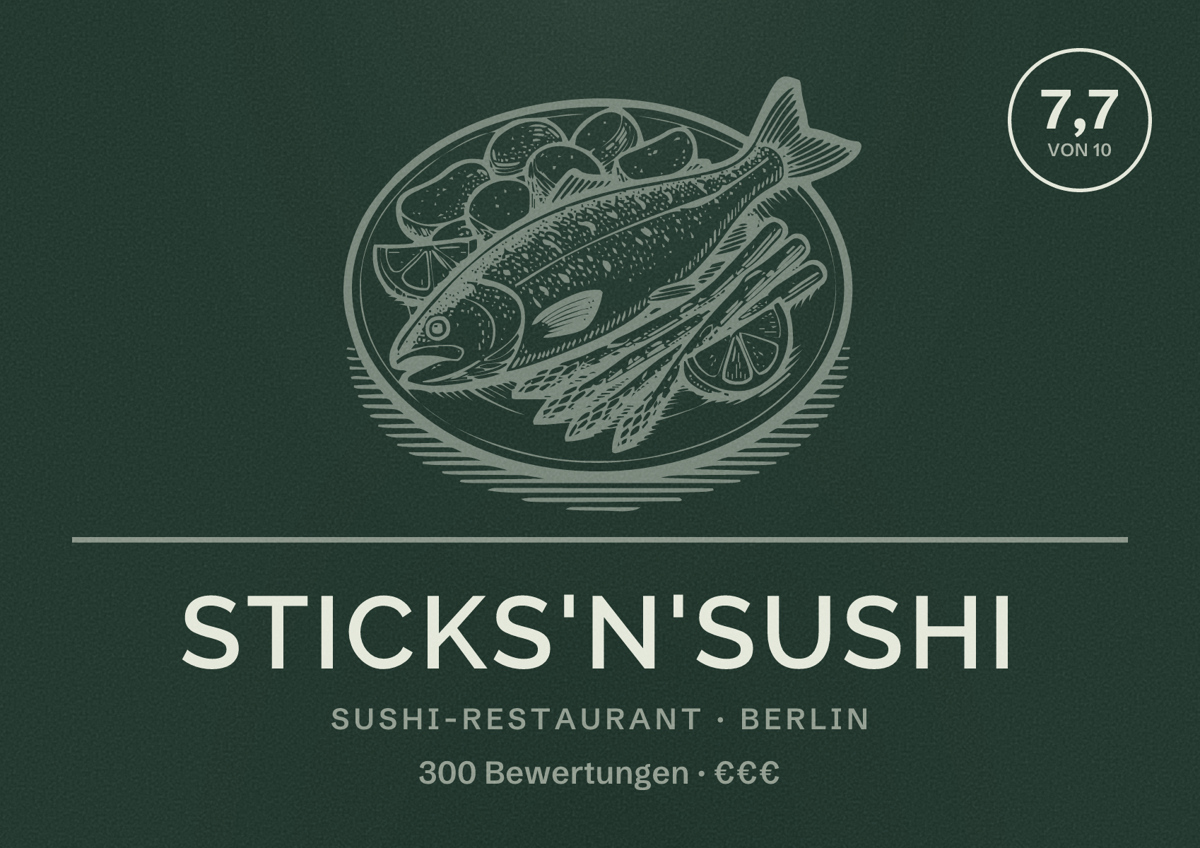 Illustriertes Poster von Sticks'n'Sushi, Sushi-Restaurant in Berlin: Bewertung 7,7 von 10 aus 300 Bewertungen, Preisniveau €€€