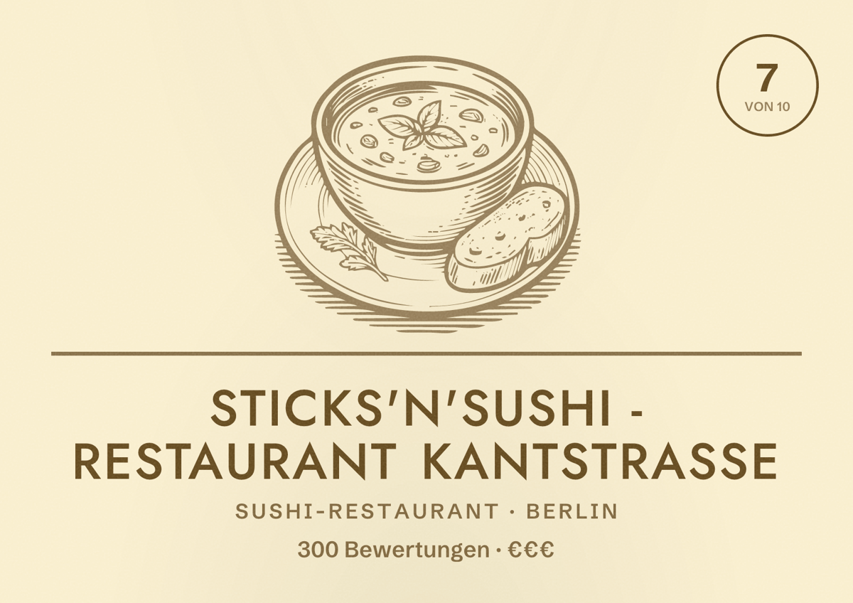 Illustriertes Poster von Sticks'n'Sushi - Restaurant Kantstraße, Sushi-Restaurant in Berlin: Bewertung 7,0 von 10 aus 300 Bewertungen, Preisniveau €€€