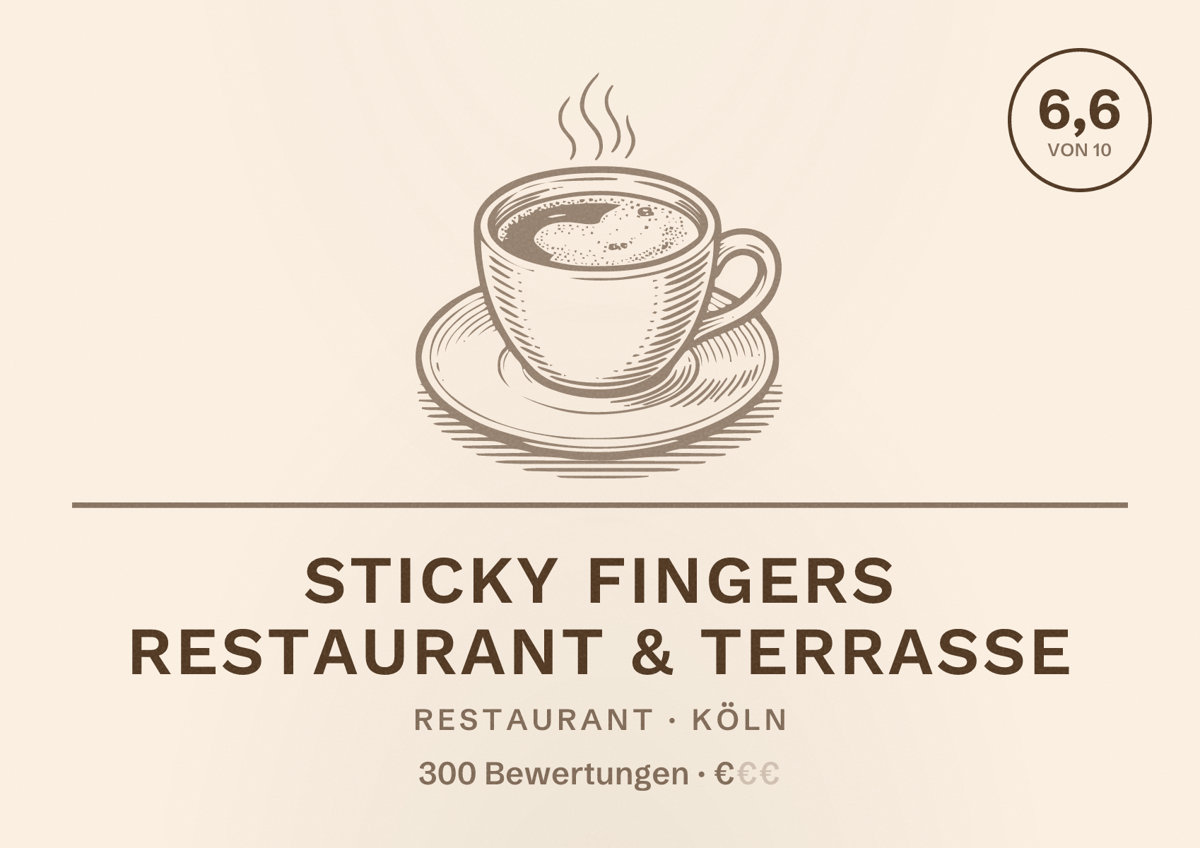 Illustriertes Poster von Sticky Fingers Restaurant & Terrasse, Restaurant in Köln: Bewertung 6,6 von 10 aus 300 Bewertungen, Preisniveau €