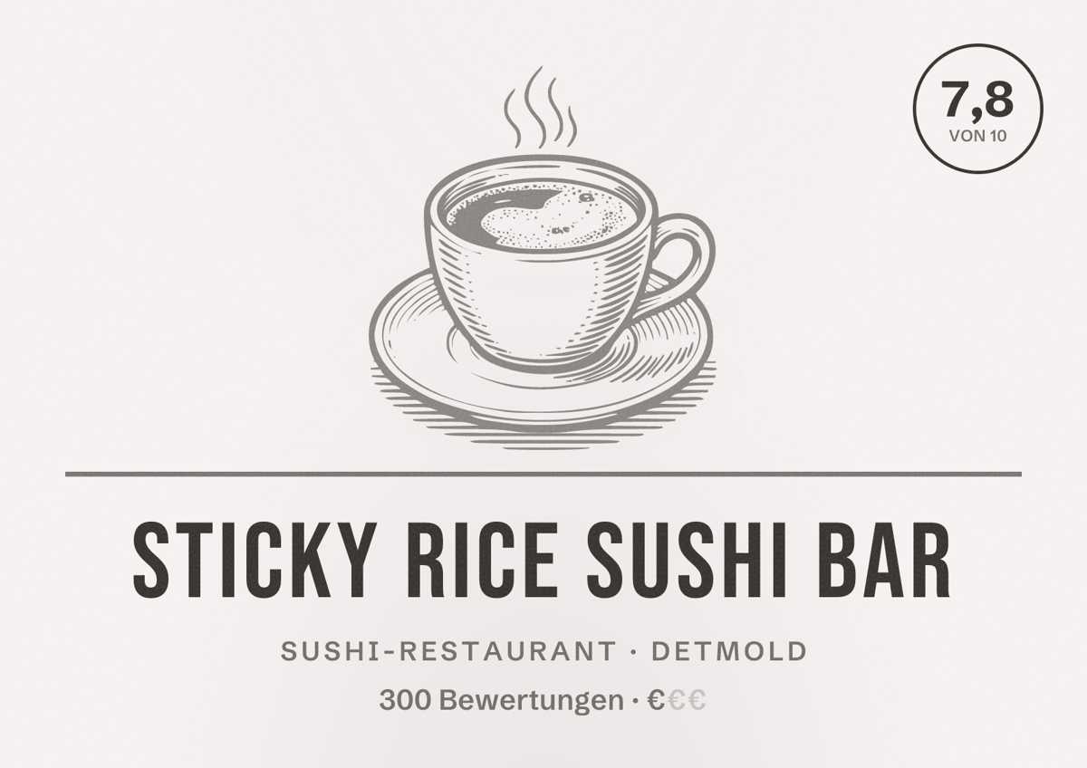 Illustriertes Poster von Sticky Rice Sushi Bar, Sushi-Restaurant in Detmold: Bewertung 7,8 von 10 aus 300 Bewertungen, Preisniveau €