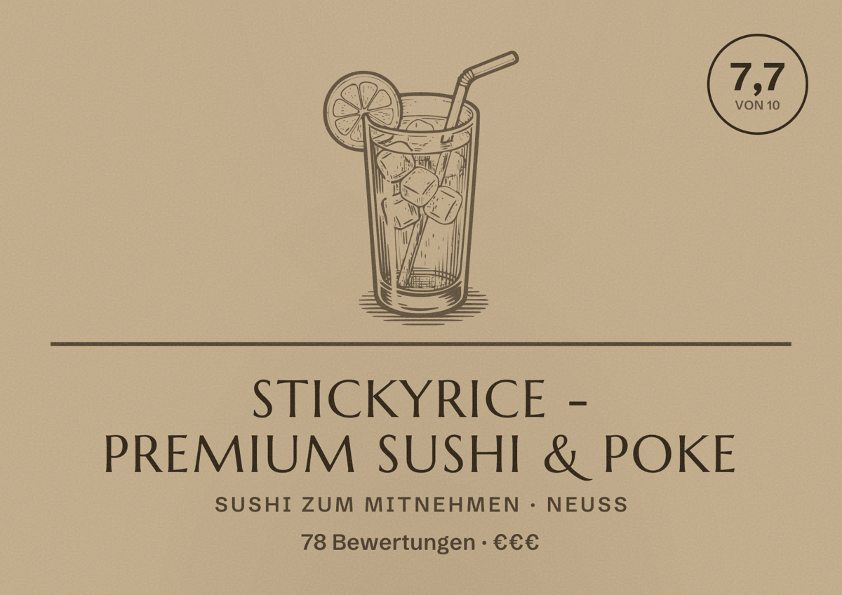 Illustriertes Poster von Stickyrice - Premium Sushi & Poke, Sushi zum Mitnehmen in Neuss: Bewertung 7,7 von 10 aus 78 Bewertungen, Preisniveau €€€