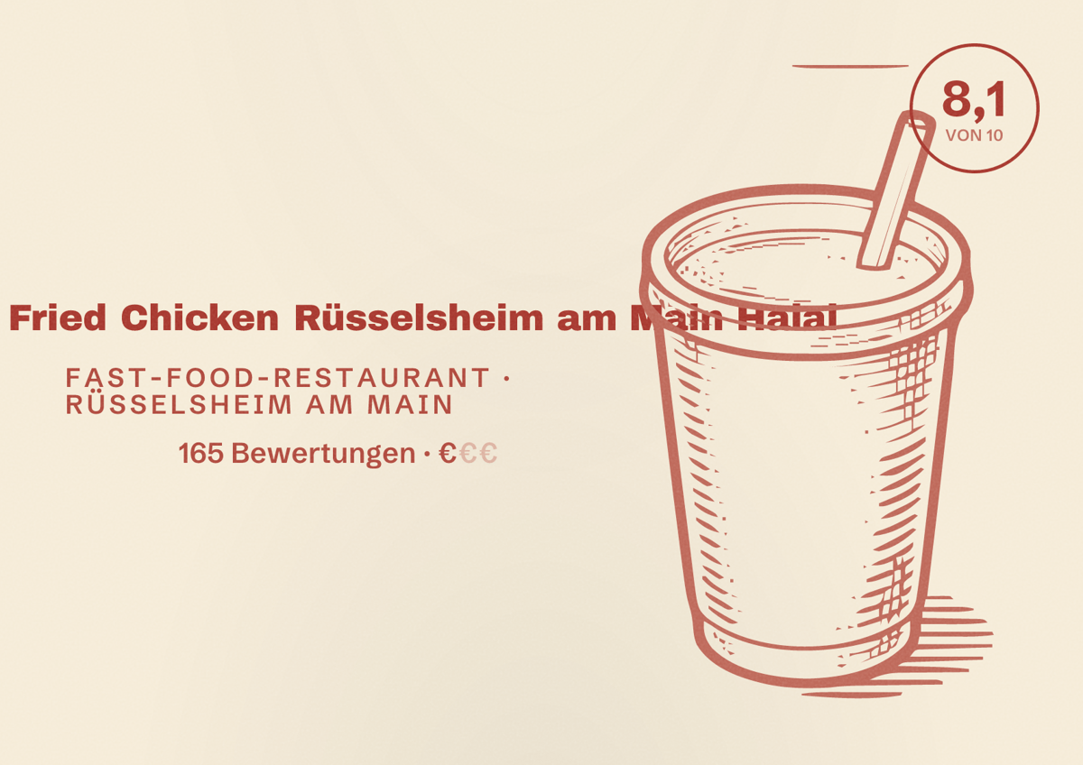 Illustriertes Poster von Sticky's Fried Chicken Rüsselsheim am Main Halal, Fast-Food-Restaurant in Rüsselsheim am Main: Bewertung 8,1 von 10 aus 165 Bewertungen, Preisniveau €