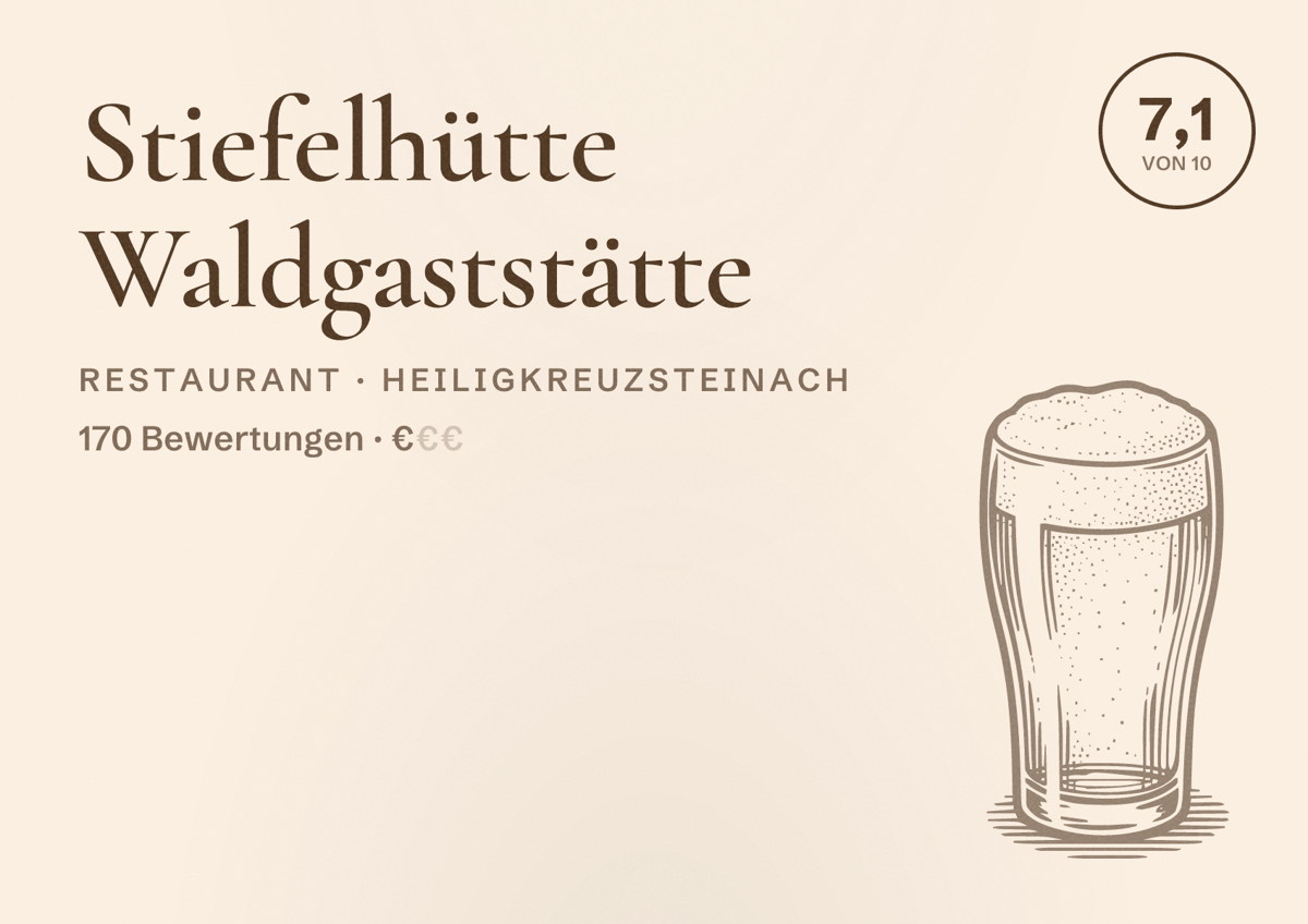 Illustriertes Poster von Stiefelhütte Waldgaststätte, Restaurant in Heiligkreuzsteinach: Bewertung 7,1 von 10 aus 170 Bewertungen, Preisniveau €