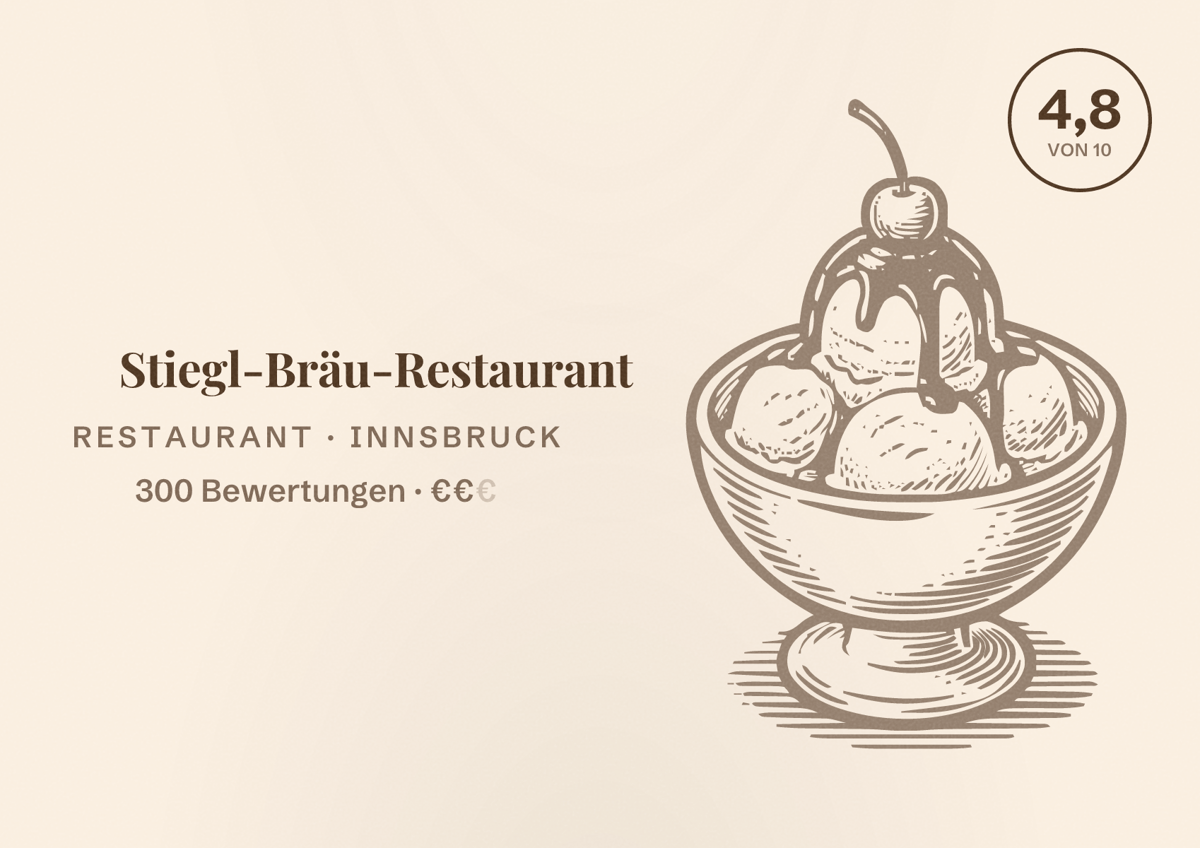 Illustriertes Poster von Stiegl-Bräu-Restaurant, Restaurant in Innsbruck: Bewertung 4,8 von 10 aus 300 Bewertungen, Preisniveau €€