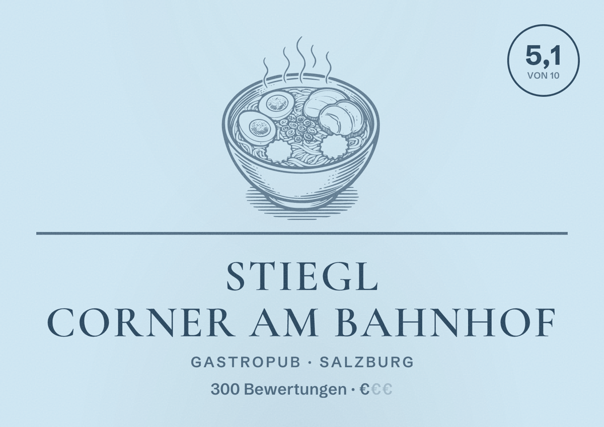 Illustriertes Poster von Stiegl Corner am Bahnhof, Gastropub in Salzburg: Bewertung 5,1 von 10 aus 300 Bewertungen, Preisniveau €