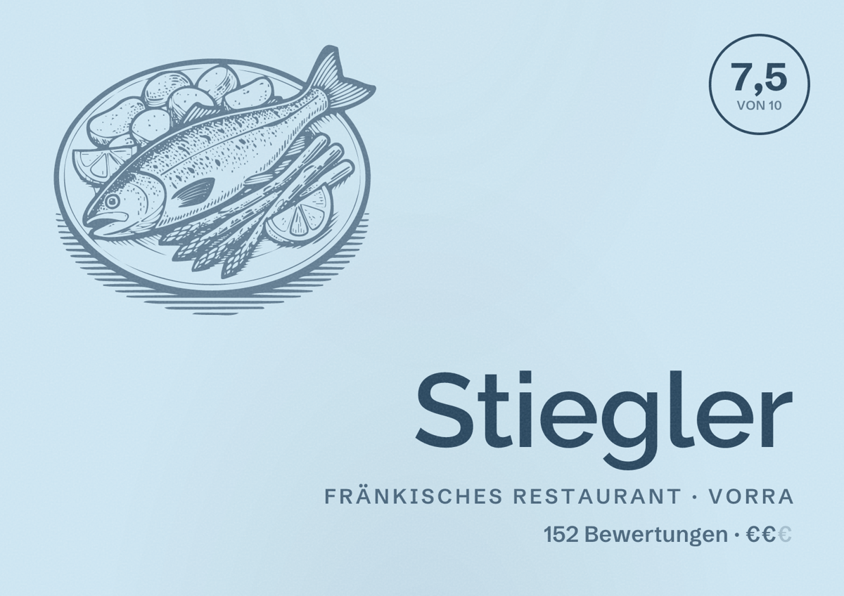 Illustriertes Poster von Stiegler, Fränkisches Restaurant in Vorra: Bewertung 7,5 von 10 aus 152 Bewertungen, Preisniveau €€