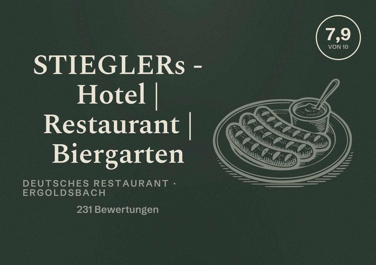 Illustriertes Poster von STIEGLERs - Hotel | Restaurant | Biergarten, Deutsches Restaurant in Ergoldsbach: Bewertung 7,9 von 10 aus 231 Bewertungen