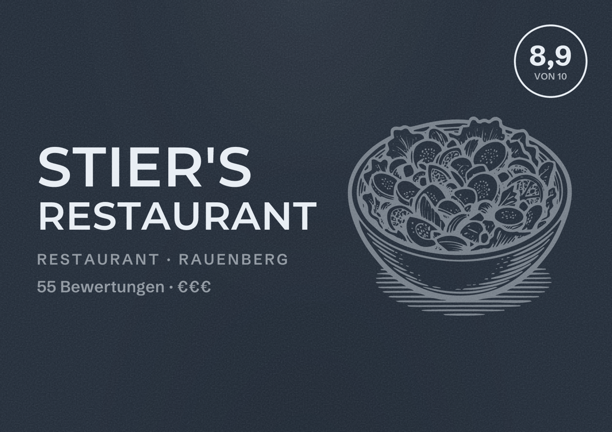 Illustriertes Poster von Stier's Restaurant, Restaurant in Rauenberg: Bewertung 8,9 von 10 aus 55 Bewertungen, Preisniveau €€€