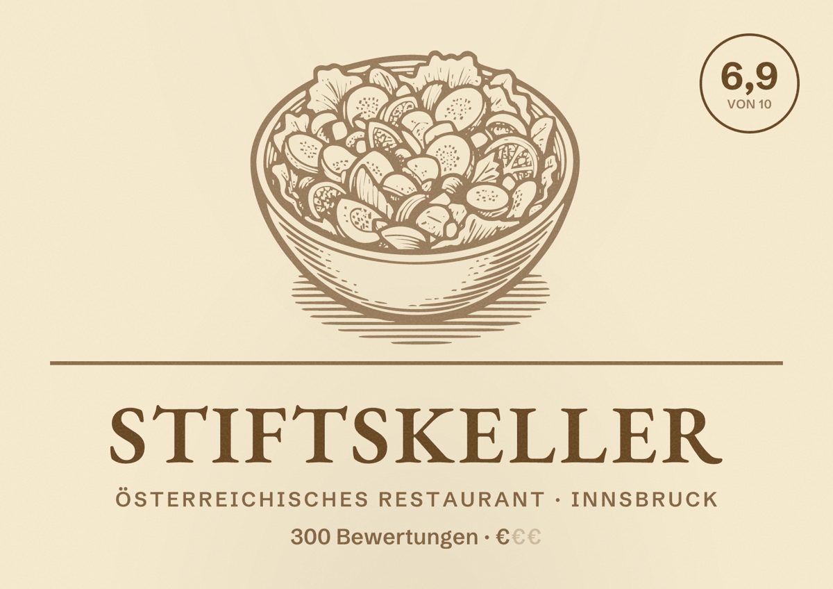Illustriertes Poster von Stiftskeller, Österreichisches Restaurant in Innsbruck: Bewertung 6,9 von 10 aus 300 Bewertungen, Preisniveau €