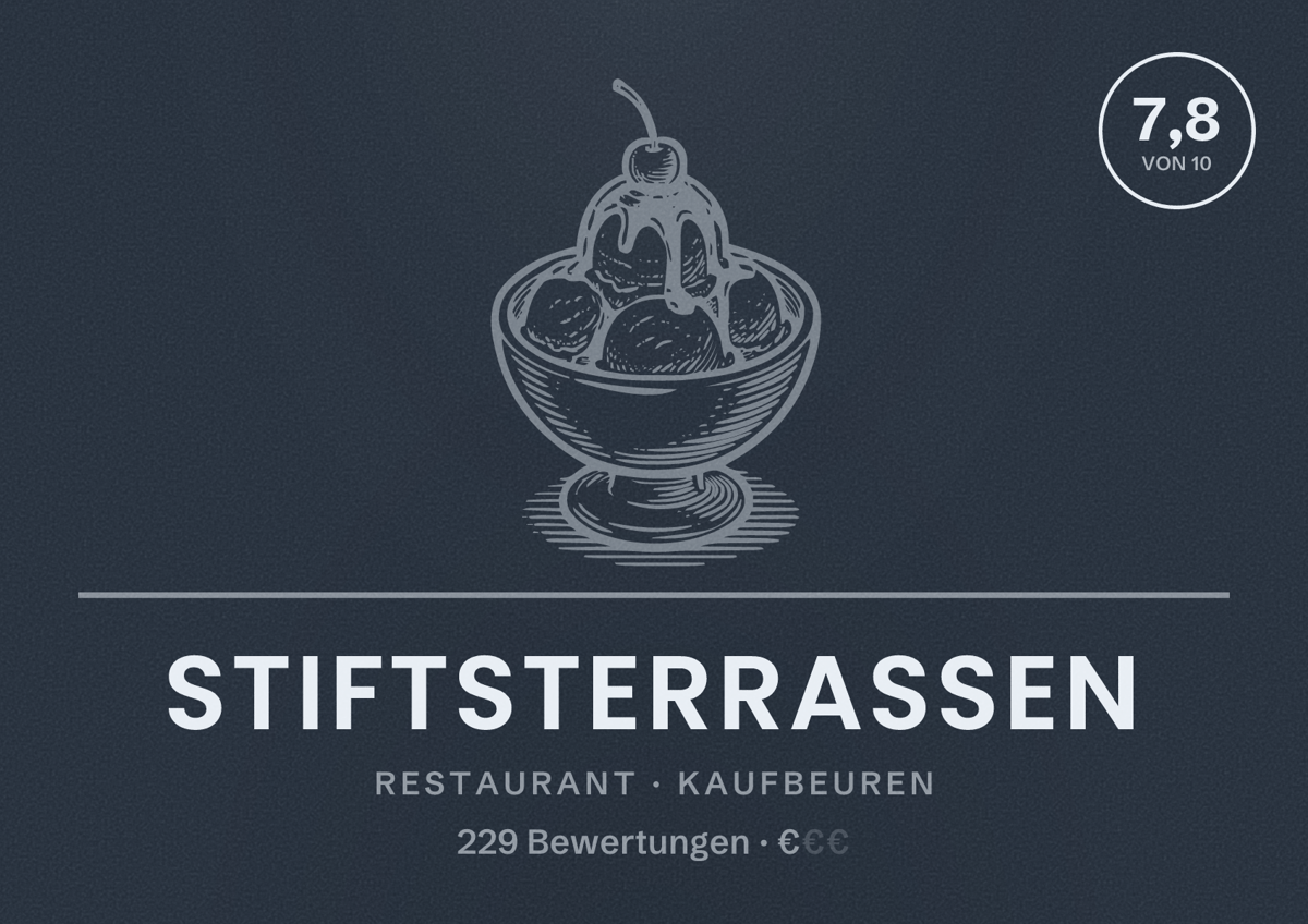 Illustriertes Poster von Stiftsterrassen, Restaurant in Kaufbeuren: Bewertung 7,8 von 10 aus 229 Bewertungen, Preisniveau €