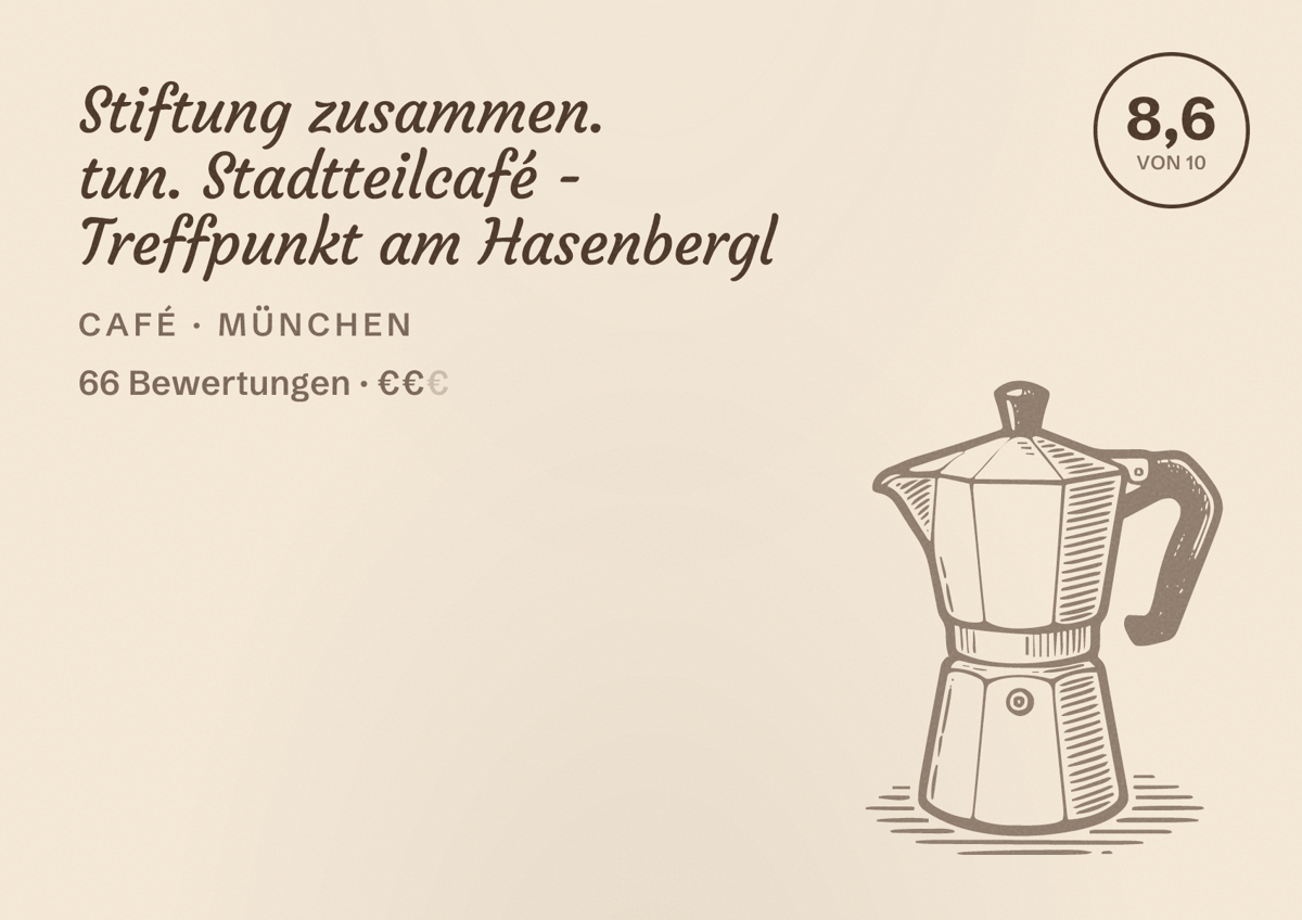 Illustriertes Poster von Stiftung zusammen. tun. Stadtteilcafé - Treffpunkt am Hasenbergl, Café in München: Bewertung 8,6 von 10 aus 66 Bewertungen, Preisniveau €€