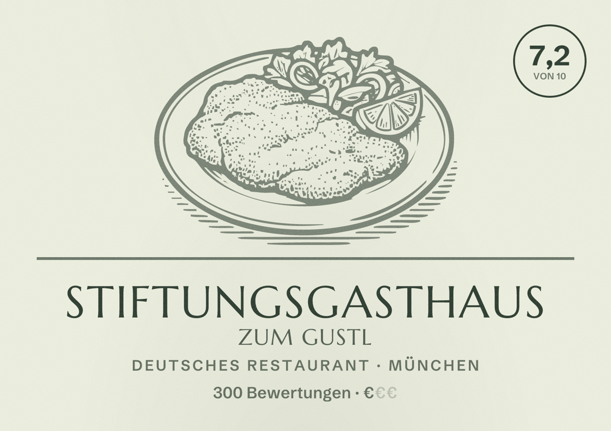 Illustriertes Poster von Stiftungsgasthaus Zum Gustl, Deutsches Restaurant in München: Bewertung 7,2 von 10 aus 300 Bewertungen, Preisniveau €