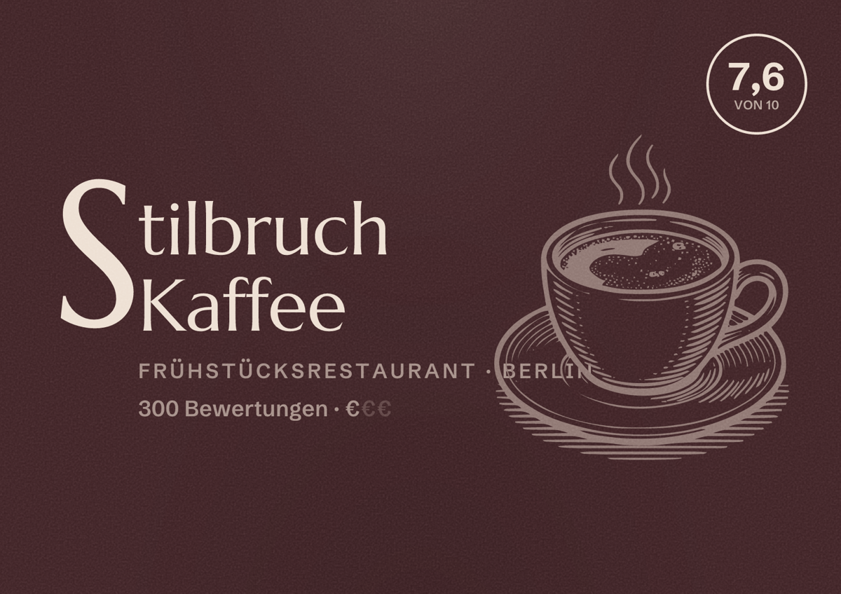 Illustriertes Poster von Stilbruch Kaffee, Frühstücksrestaurant in Berlin: Bewertung 7,6 von 10 aus 300 Bewertungen, Preisniveau €