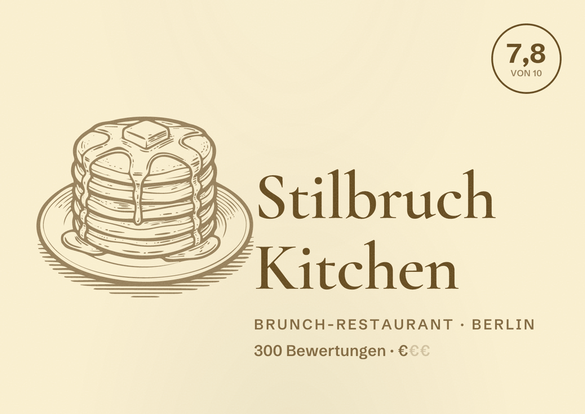 Illustriertes Poster von Stilbruch Kitchen, Brunch-Restaurant in Berlin: Bewertung 7,8 von 10 aus 300 Bewertungen, Preisniveau €