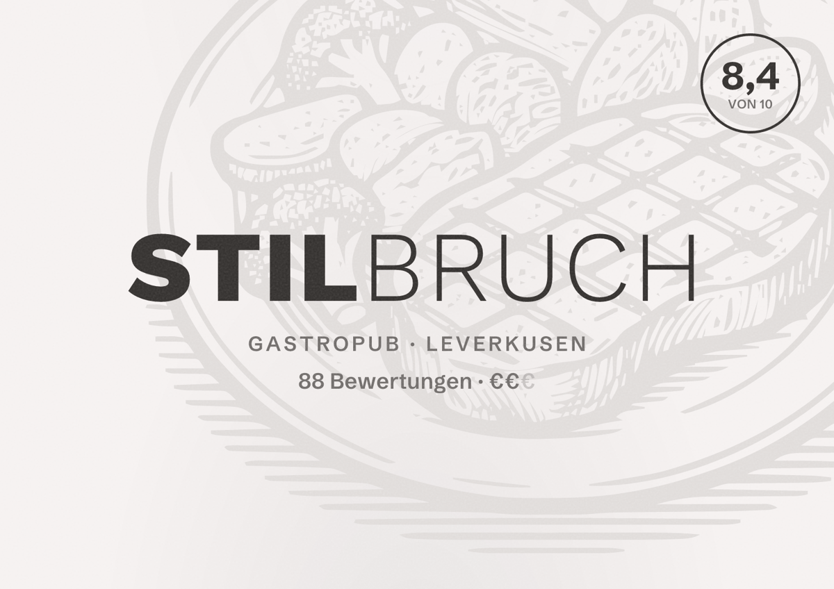 Illustriertes Poster von Stilbruch, Gastropub in Leverkusen: Bewertung 8,4 von 10 aus 88 Bewertungen, Preisniveau €€