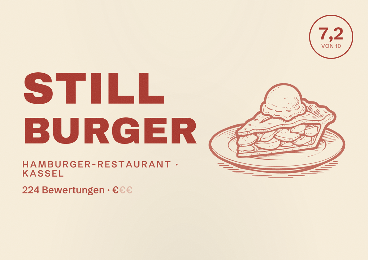 Illustriertes Poster von Still Burger, Hamburger-Restaurant in Kassel: Bewertung 7,2 von 10 aus 224 Bewertungen, Preisniveau €