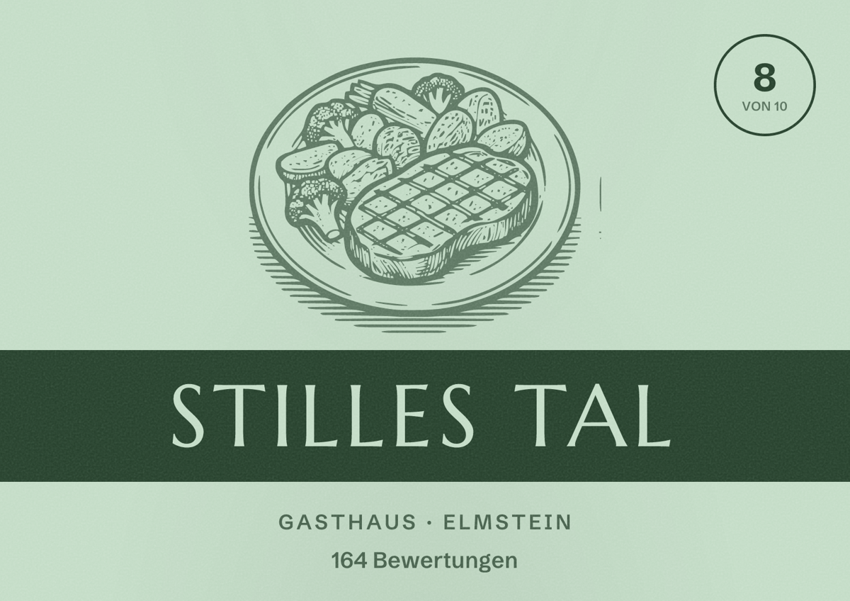 Illustriertes Poster von Stilles Tal, Gasthaus in Elmstein: Bewertung 8 von 10 aus 164 Bewertungen
