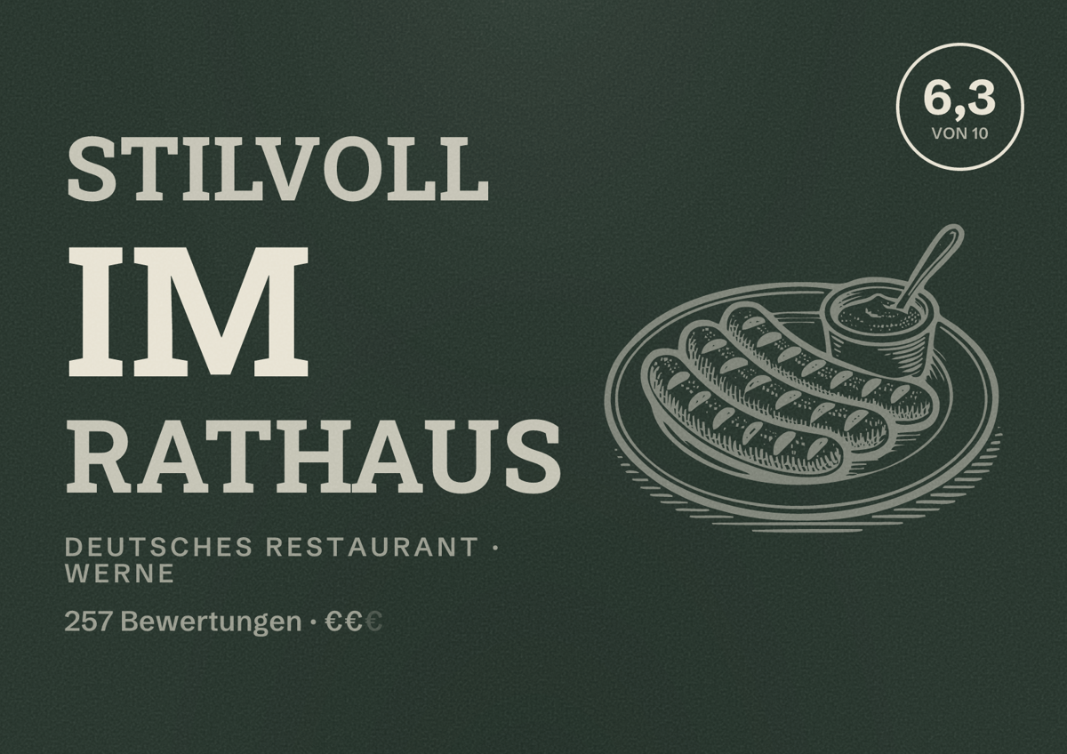 Illustriertes Poster von Stilvoll im Rathaus, Deutsches Restaurant in Werne: Bewertung 6,3 von 10 aus 257 Bewertungen, Preisniveau €€