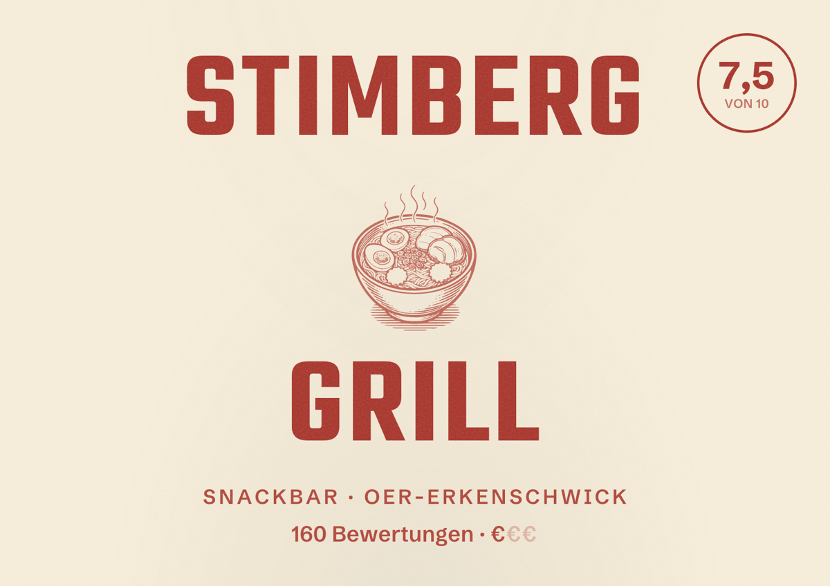 Illustriertes Poster von Stimberg Grill, Snackbar in Oer-Erkenschwick: Bewertung 7,5 von 10 aus 160 Bewertungen, Preisniveau €