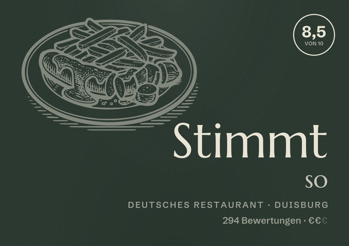 Illustriertes Poster von Stimmt so, Deutsches Restaurant in Duisburg: Bewertung 8,5 von 10 aus 294 Bewertungen, Preisniveau €€