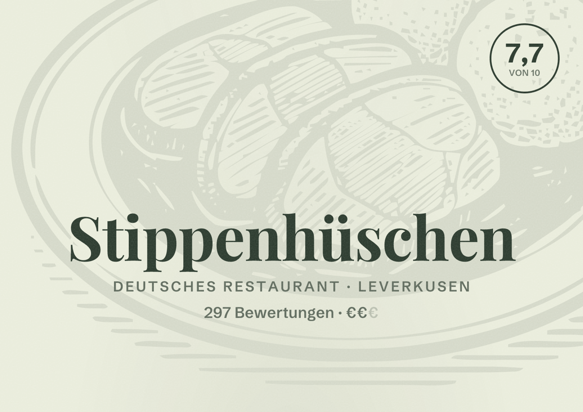 Illustriertes Poster von Stippenhüschen, Deutsches Restaurant in Leverkusen: Bewertung 7,7 von 10 aus 297 Bewertungen, Preisniveau €€
