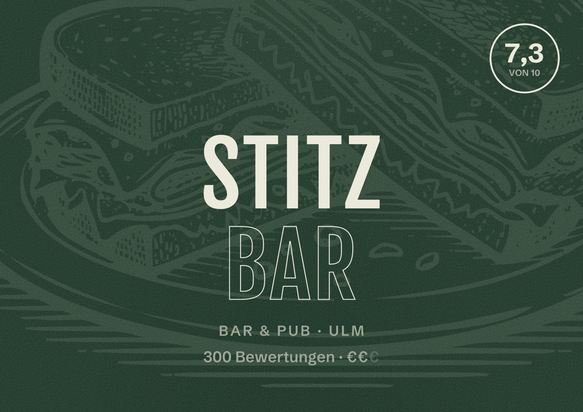 Illustriertes Poster von STITZ BAR, Bar & Pub in Ulm: Bewertung 7,3 von 10 aus 300 Bewertungen, Preisniveau €€