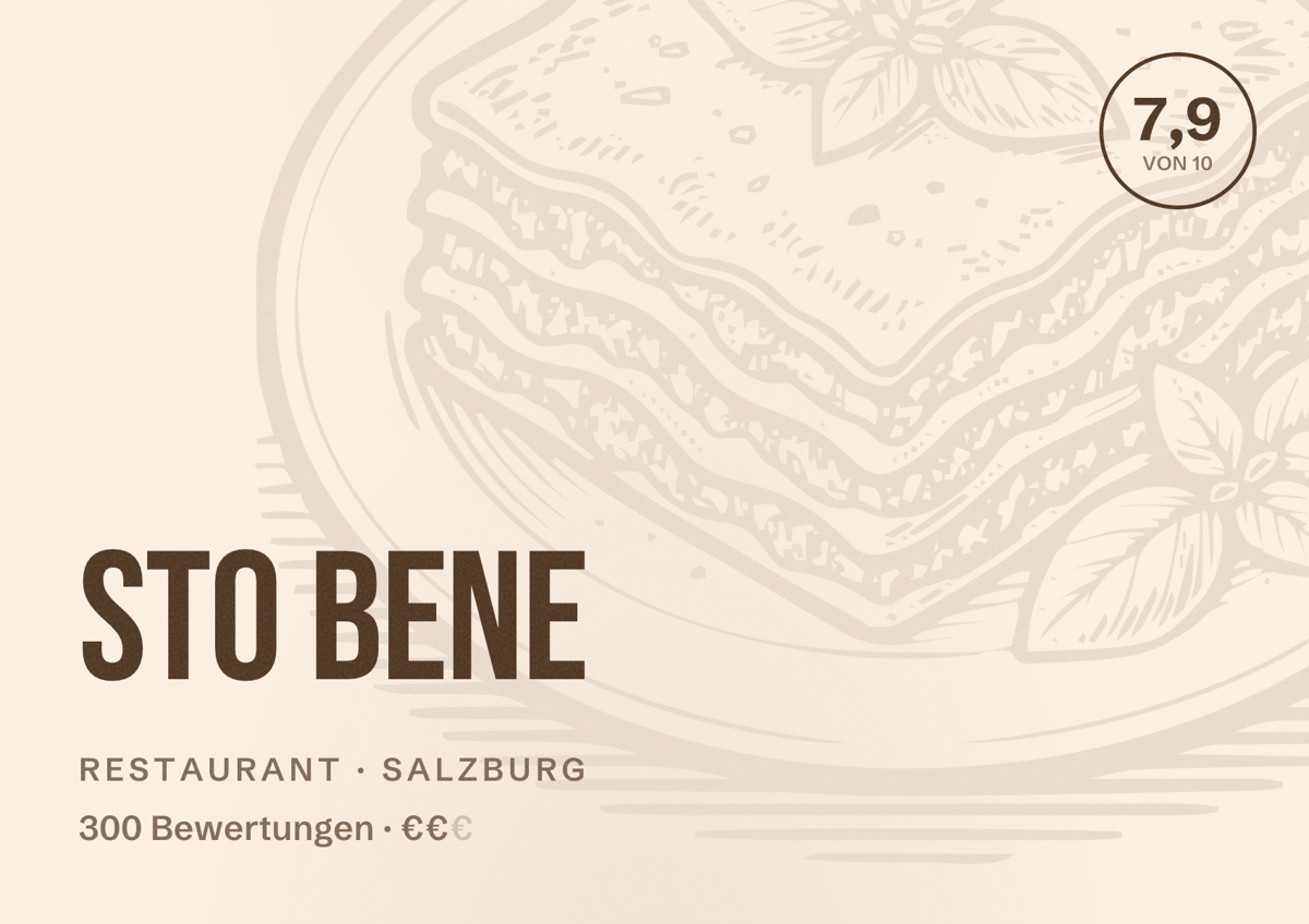 Illustriertes Poster von Sto Bene, Restaurant in Salzburg: Bewertung 7,9 von 10 aus 300 Bewertungen, Preisniveau €€