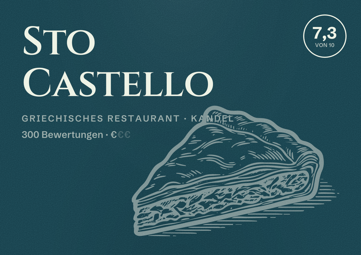 Illustriertes Poster von Sto Castello, Griechisches Restaurant in Kandel: Bewertung 7,3 von 10 aus 300 Bewertungen, Preisniveau €
