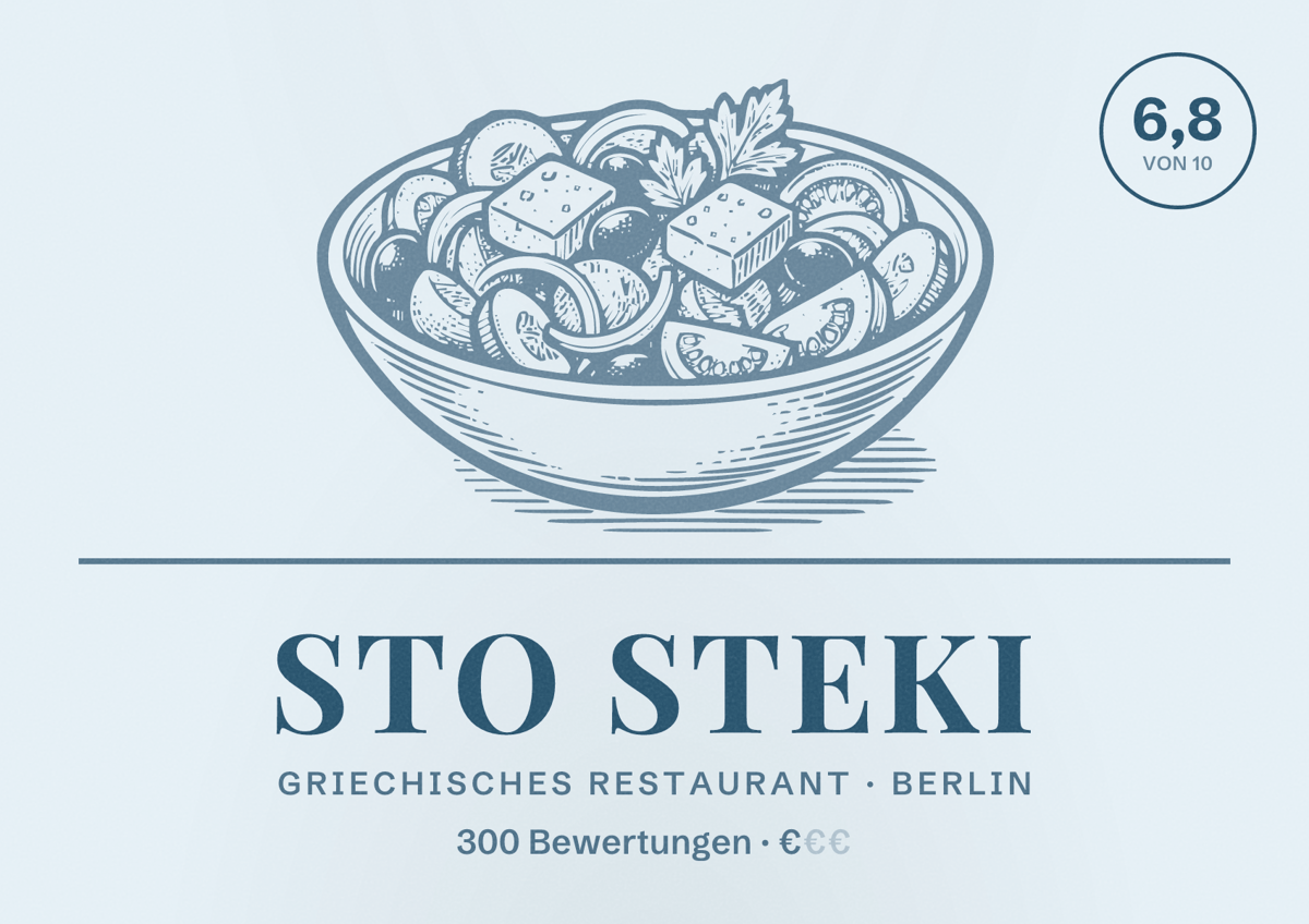 Illustriertes Poster von Sto Steki, Griechisches Restaurant in Berlin: Bewertung 6,8 von 10 aus 300 Bewertungen, Preisniveau €