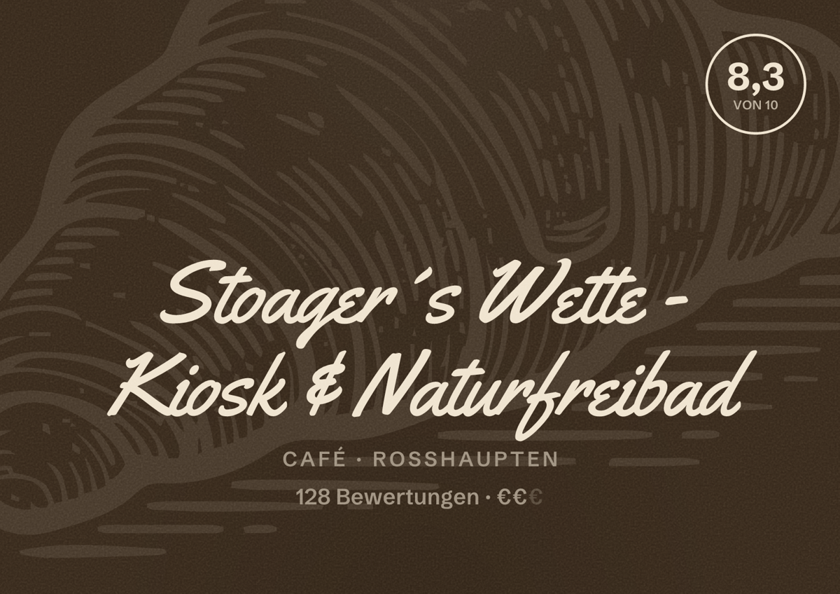 Illustriertes Poster von Stoager´s Wette - Kiosk & Naturfreibad, Café in Roßhaupten: Bewertung 8,3 von 10 aus 128 Bewertungen, Preisniveau €€