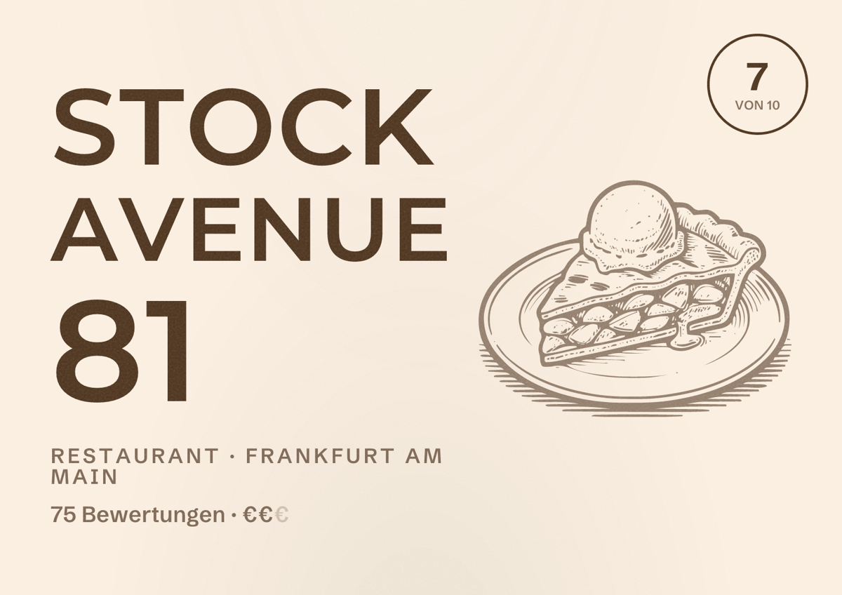 Illustriertes Poster von Stock Avenue 81, Restaurant in Frankfurt am Main: Bewertung 7,0 von 10 aus 75 Bewertungen, Preisniveau €€