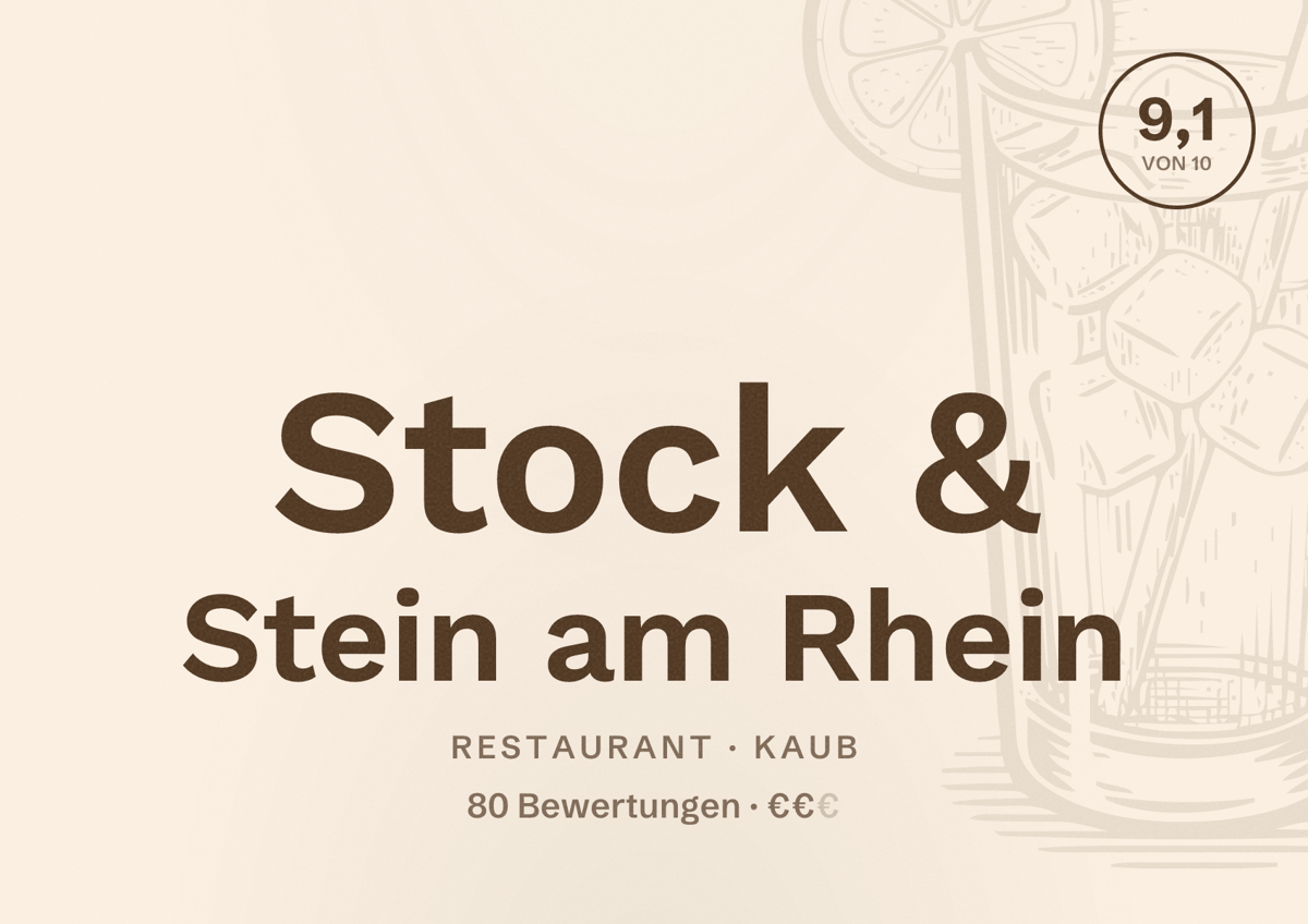 Illustriertes Poster von Stock & Stein am Rhein, Restaurant in Kaub: Bewertung 9,1 von 10 aus 80 Bewertungen, Preisniveau €€