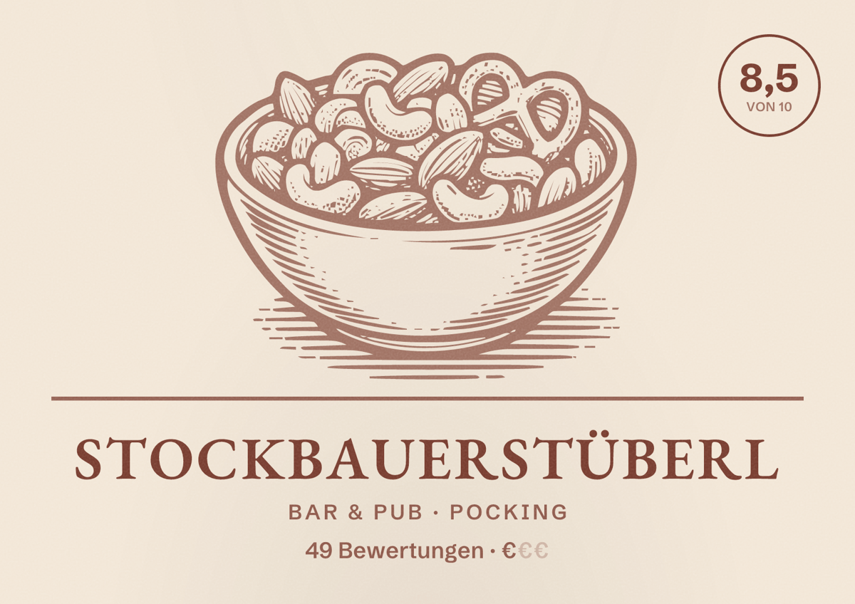 Illustriertes Poster von Stockbauerstüberl, Bar & Pub in Pocking: Bewertung 8,5 von 10 aus 49 Bewertungen, Preisniveau €