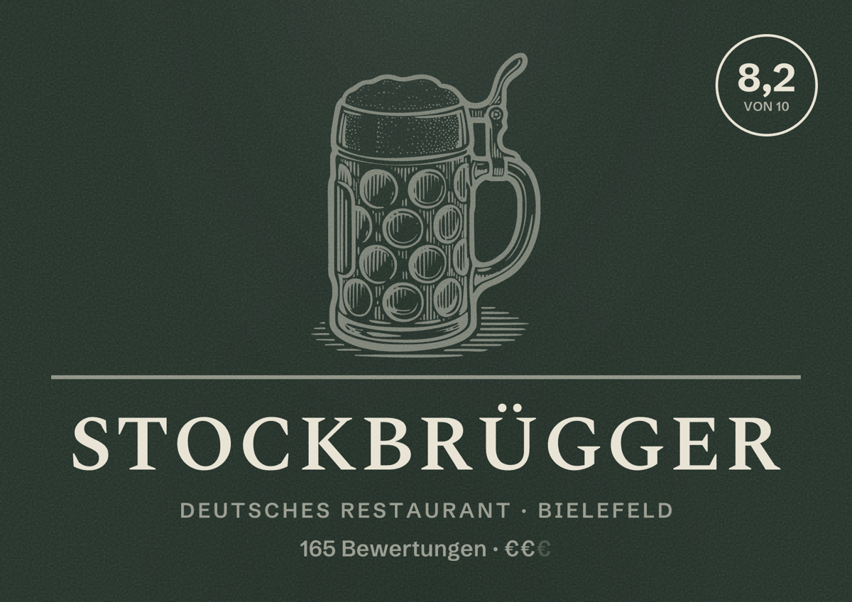 Illustriertes Poster von Stockbrügger, Deutsches Restaurant in Bielefeld: Bewertung 8,2 von 10 aus 165 Bewertungen, Preisniveau €€