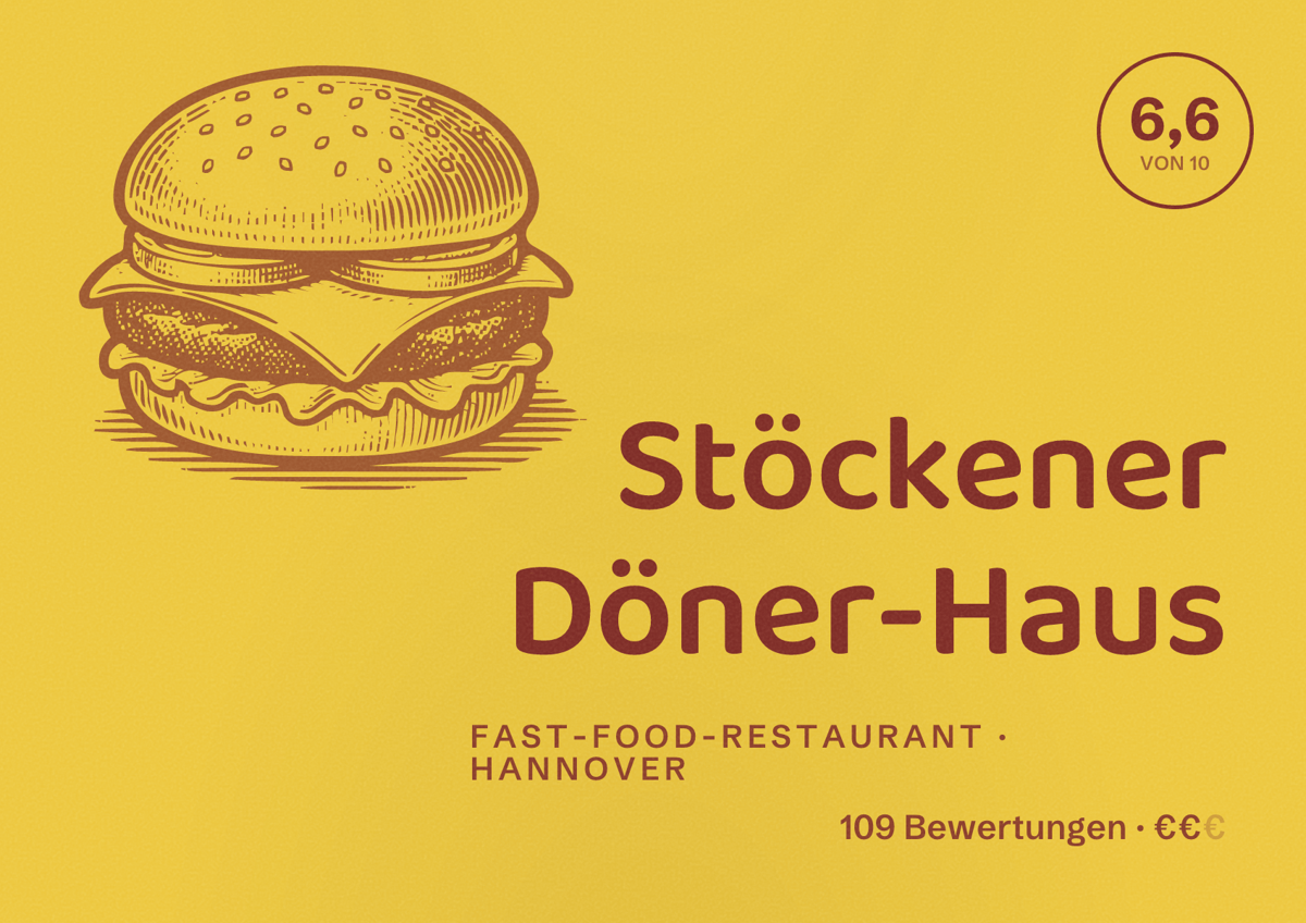 Illustriertes Poster von Stöckener Döner-Haus, Fast-Food-Restaurant in Hannover: Bewertung 6,6 von 10 aus 109 Bewertungen, Preisniveau €€