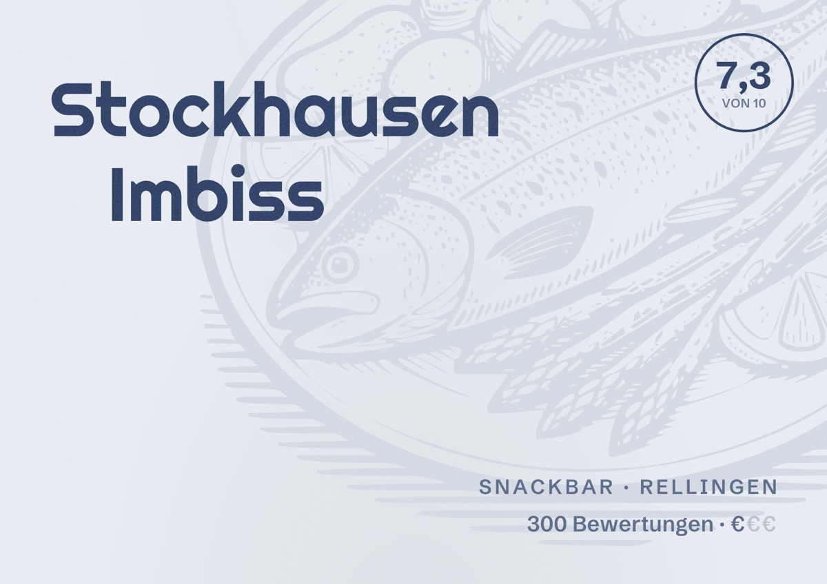 Illustriertes Poster von Stockhausen Imbiss, Snackbar in Rellingen: Bewertung 7,3 von 10 aus 300 Bewertungen, Preisniveau €