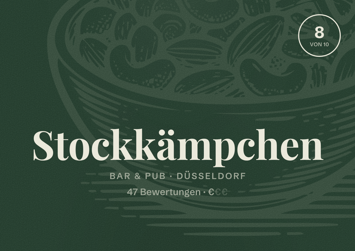 Illustriertes Poster von Stockkämpchen, Bar & Pub in Düsseldorf: Bewertung 8,0 von 10 aus 47 Bewertungen, Preisniveau €